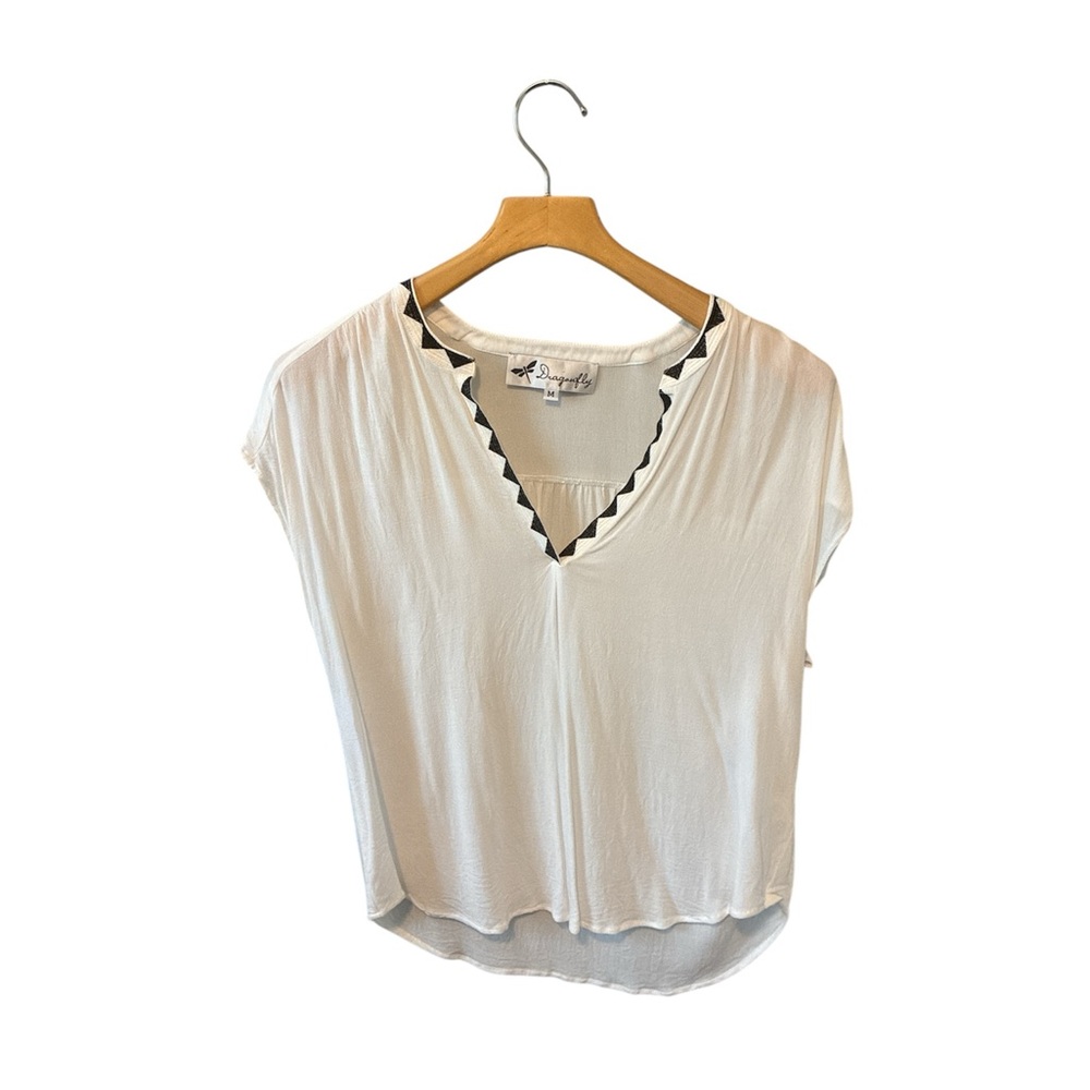 Anthropolgie Dragonfly White V-Neck Women's Blouse Top with Black Trim Medium